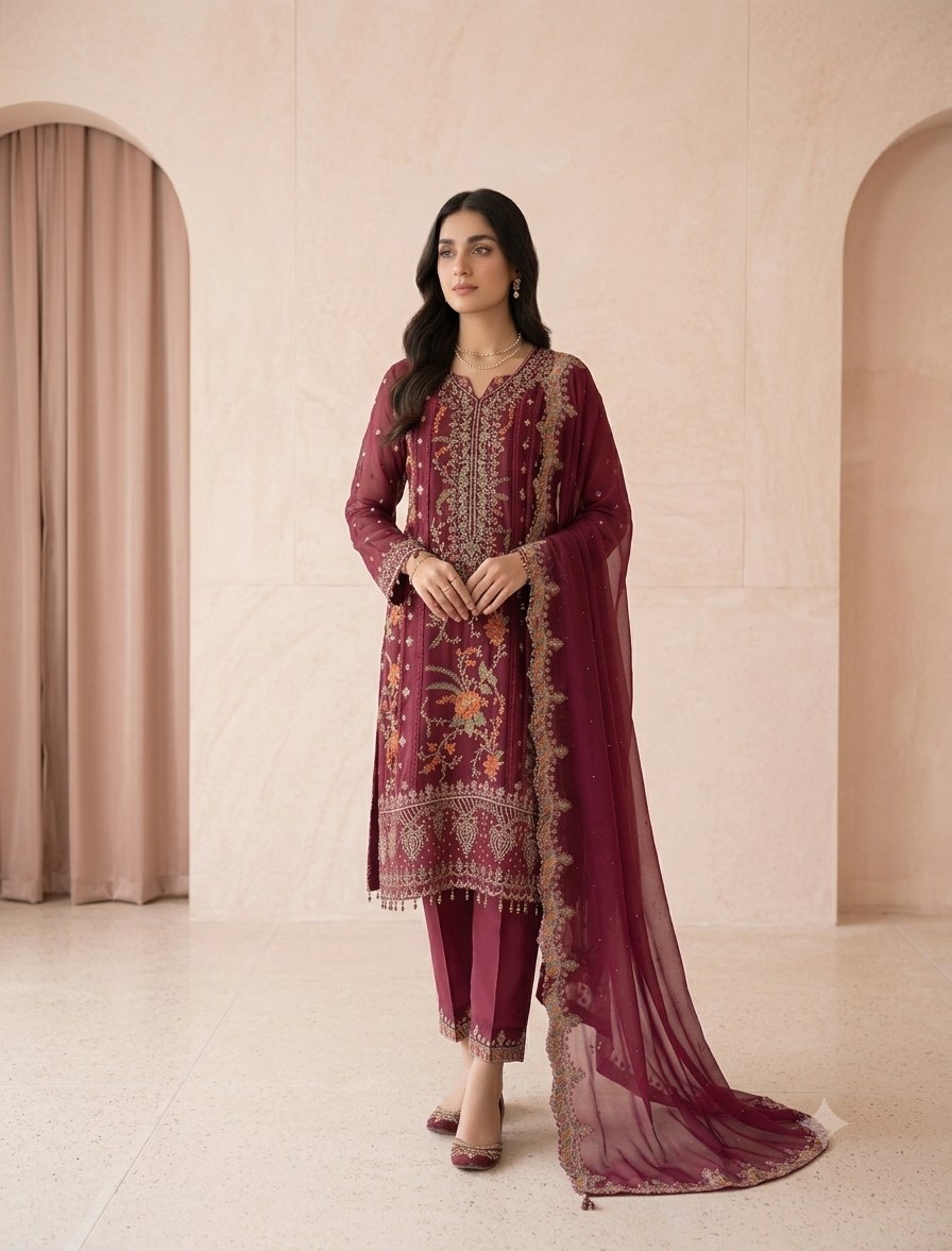 Rose Boutique model wearing an embroidered maroon suit with dupatta